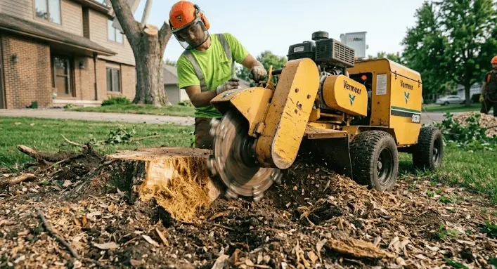 A professional operating a stump grinder to remove a tree stump, featured in our Complete Guide to Tree Removal in Sioux Falls.