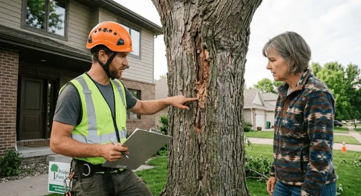 A certified arborist discussing tree decay and health with a homeowner, featured in our Complete Guide to Tree Removal in Sioux Falls.