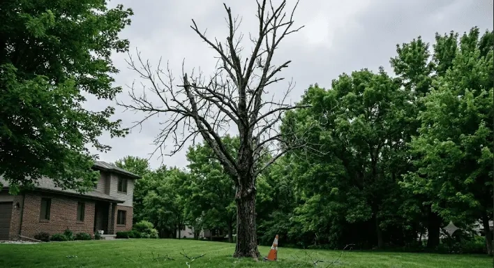 Declining tree showing delayed flood stress in a Dell Rapids, SD yard