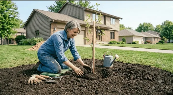 A woman planting a new sapling in her yard, representing the restorative steps in our Complete Guide to Tree Removal in Sioux Falls.