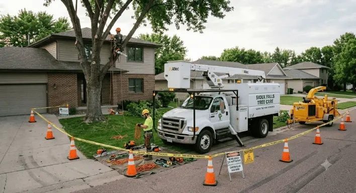 A residential tree removal site safely cordoned off with cones and tape, highlighted in our Complete Guide to Tree Removal in Sioux Falls.