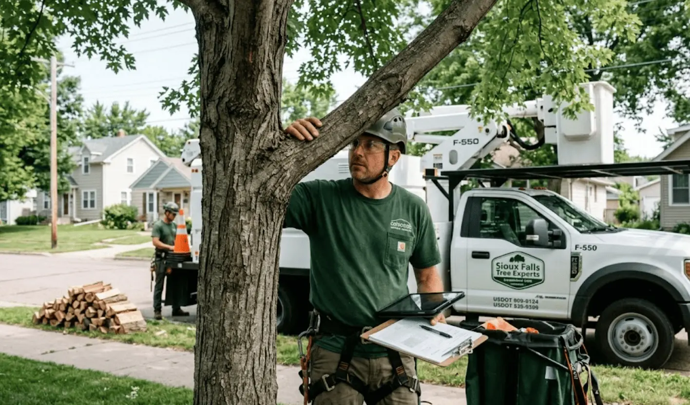 Arborist assessing a tree rooted in shallow soil over quartzite bedrock near Garretson, SD