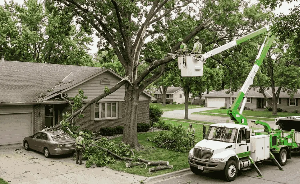 Professional Sioux Falls tree service crew using a bucket truck to safely cut and remove a large broken tree limb hanging over a house and car.