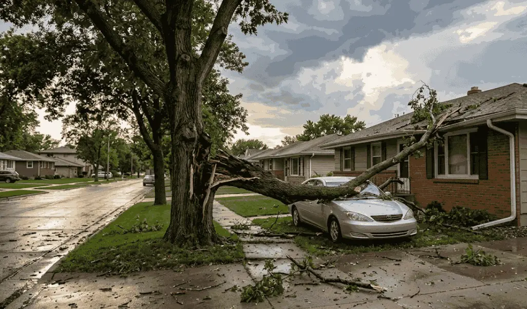 Storm damage tree service crew clearing a fallen tree in Sioux Falls