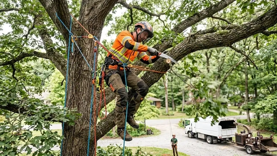 Arborist making a clearance pruning cut on a street tree in Tea, SD