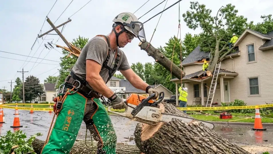 Certified arborist performing emergency tree service in Sioux Falls: what to do when a tree falls on your property.