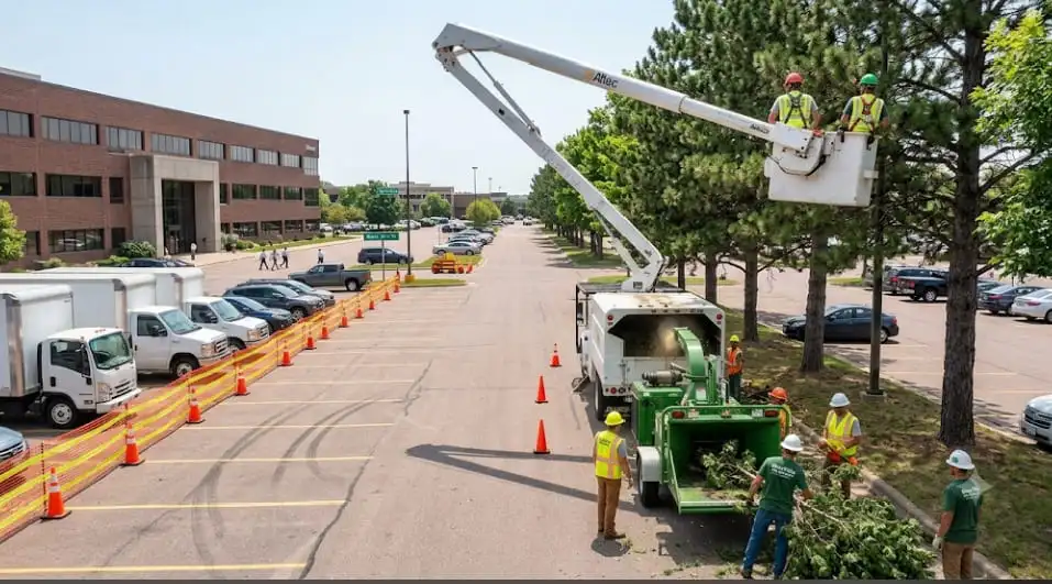 Professional team performing large-scale commercial tree service in Sioux Falls parking lot.