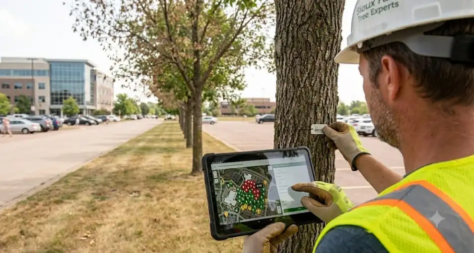 Arborist using a tablet to tag and manage trees for commercial inventory in Sioux Falls.