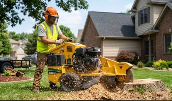 Professional arborist operating a stump grinder to reduce a tree stump to wood chips.