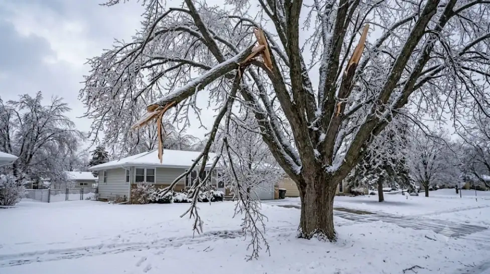 Large tree limb broken by ice in a residential Sioux Falls neighborhood.