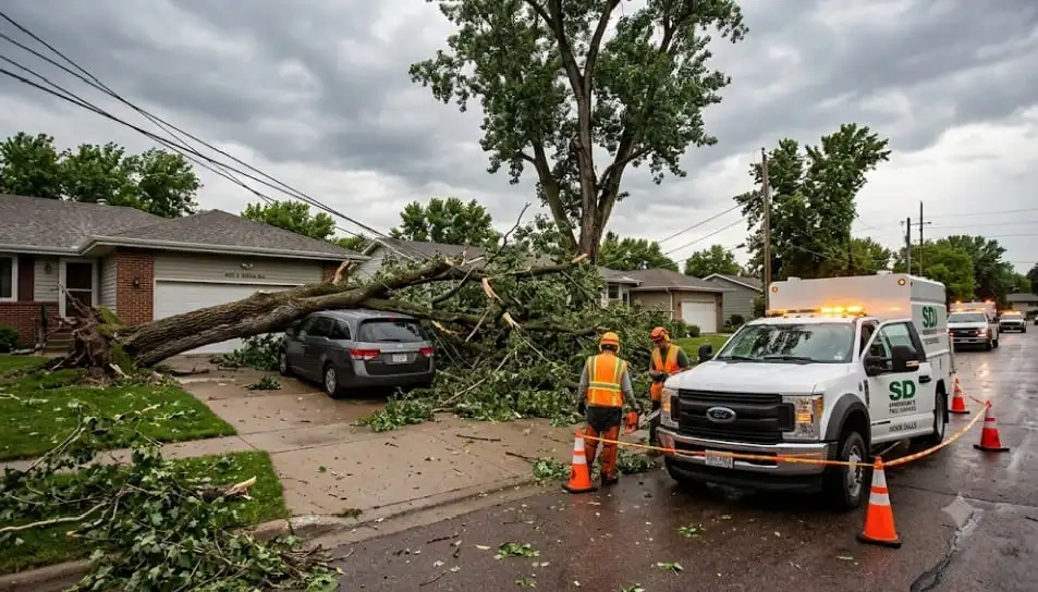 Storm-toppled tree being removed from a property in Tea, SD after the July 2026 winds