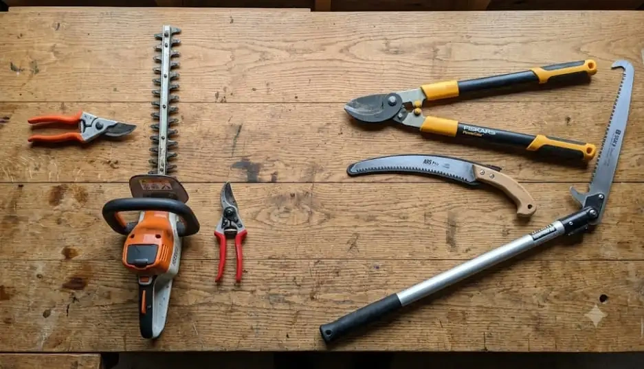 A collection of landscaping tools arranged on a wooden table, representing the equipment used for tree trimming vs. tree pruning.