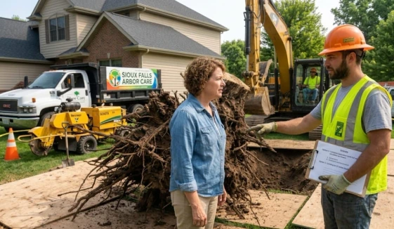 Arborist consulting with a homeowner in front of an excavated tree stump.