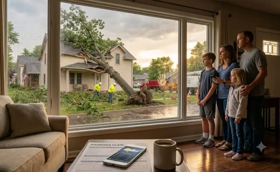 Family looking at damage from inside their home during emergency tree service in Sioux Falls: what to do when a tree falls on your property.