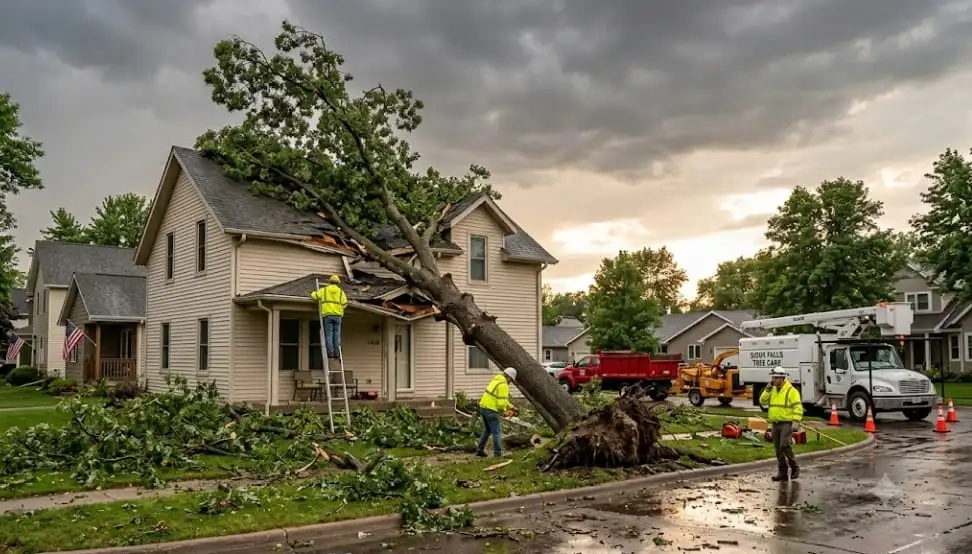 TreePro crew clearing a fallen tree from an acreage property near Renner, SD