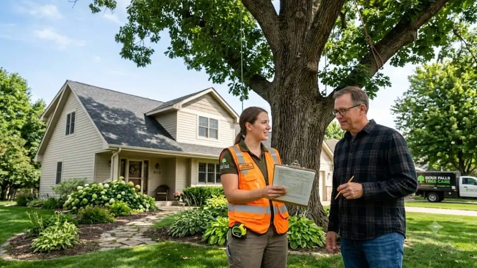 Arborist discussing tree removal costs with a homeowner in Sioux Falls.