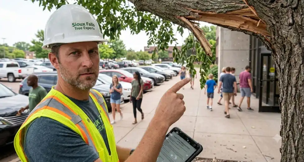 Arborist inspecting a wind-exposed tree in an open Tea, SD subdivision