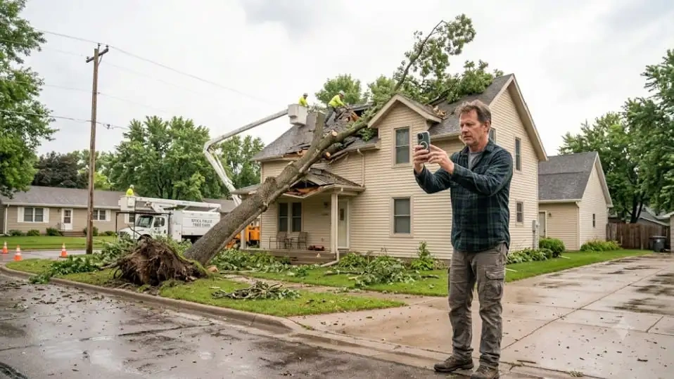 Homeowner taking pictures of roof damage for emergency tree service in Sioux Falls: what to do when a tree falls on your property.