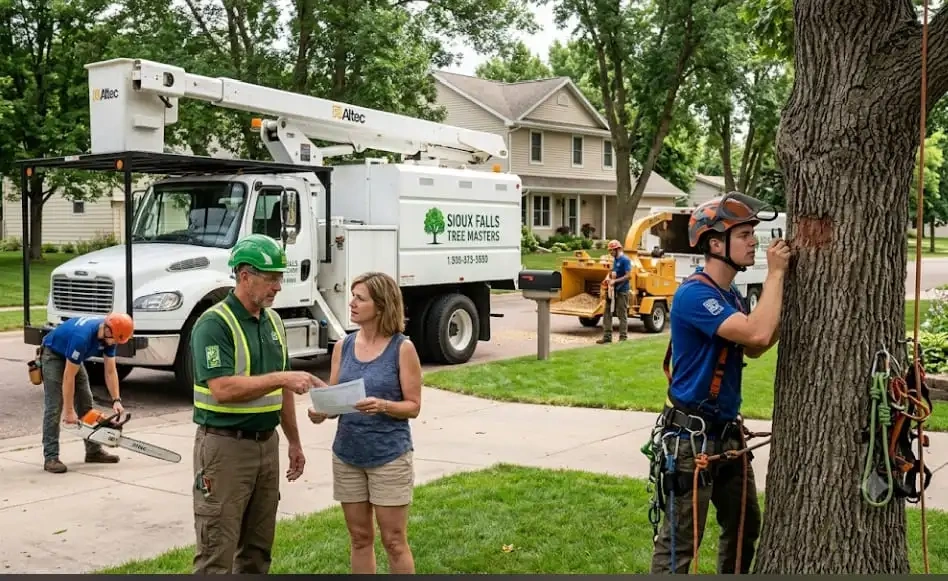 A homeowner receiving an estimate from a professional for how to choose the best tree service company in Sioux Falls, SD.