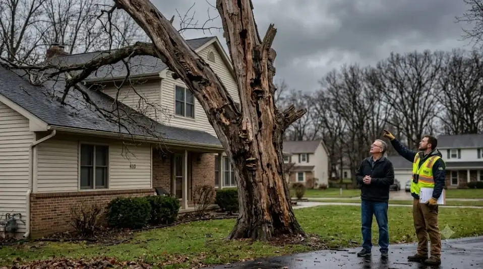 Arborist inspecting a dead ash tree marked for removal in Crooks, SD