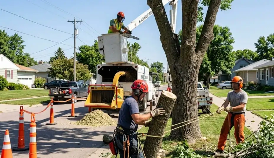 An arborist in a bucket truck performing work while learning how to choose the best tree service company in Sioux Falls, SD.