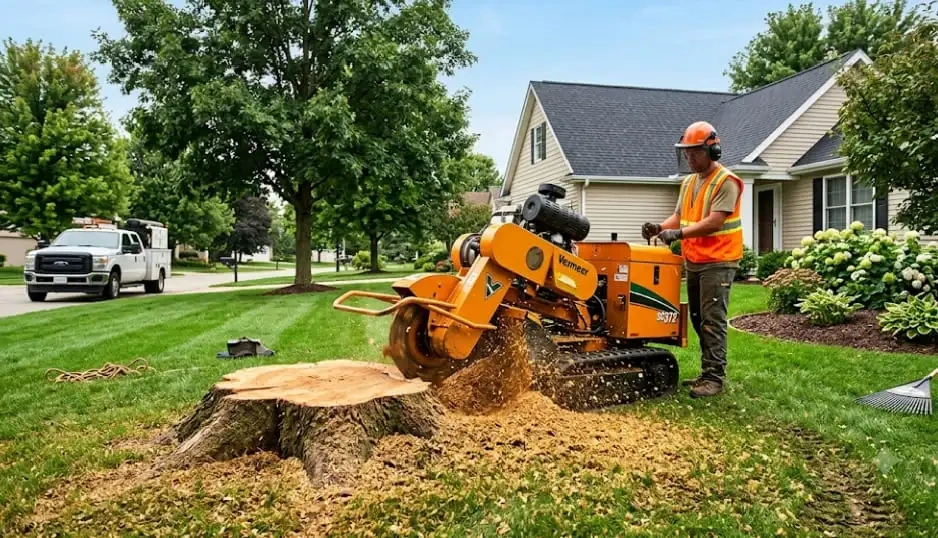 Worker using a stump grinder to remove a tree stump in Sioux Falls.