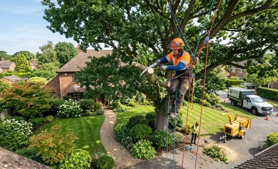 A professional arborist using climbing gear to perform tree trimming vs. tree pruning in a residential yard.