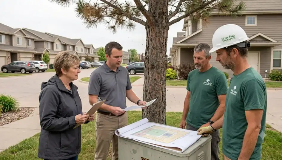 Team of arborists reviewing site plans for residential tree service in Sioux Falls.