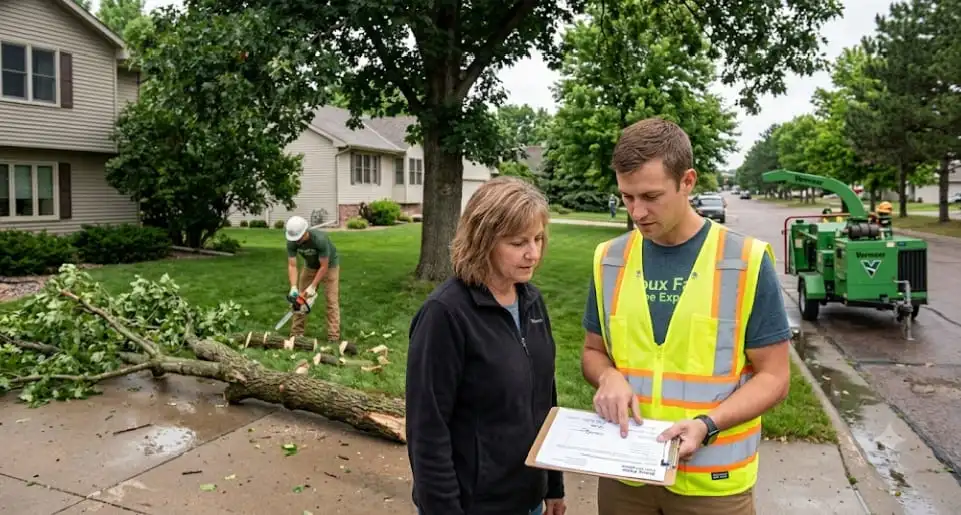 Arborist consulting with a homeowner about residential tree service in Sioux Falls.