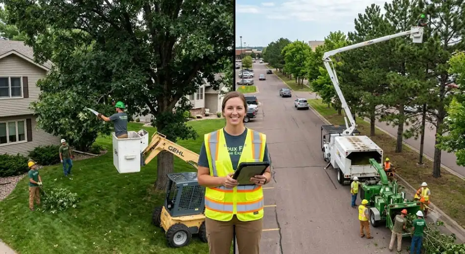 Split screen showing residential tree trimming and large-scale commercial tree maintenance in Sioux Falls.