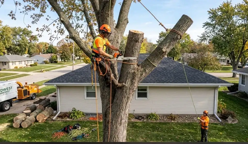 Arborist wearing safety gear cutting tree limbs with a chainsaw in Sioux Falls.