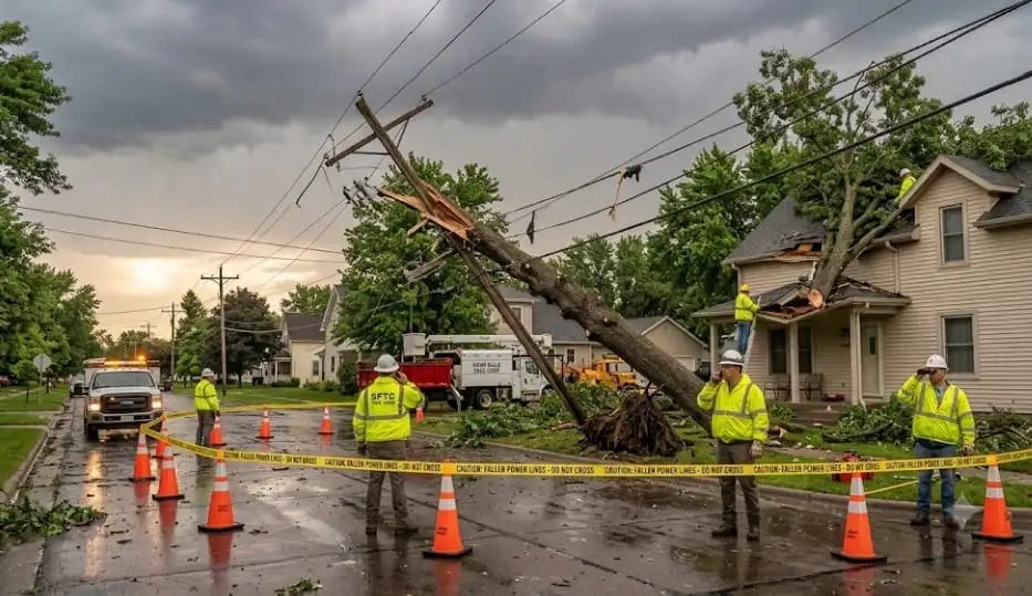 Safety crew marking off hazard zones for emergency tree service in Sioux Falls: what to do when a tree falls on your property.
