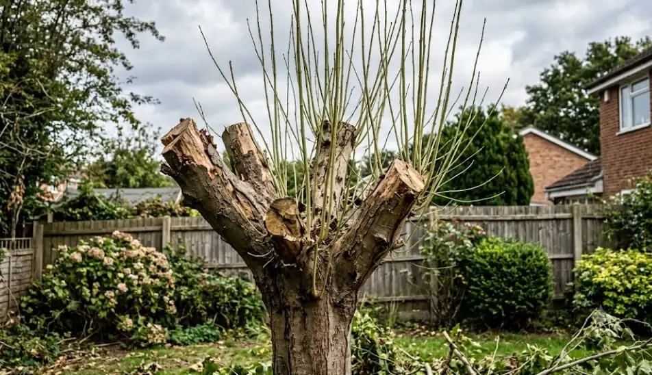 A tree with excessive branch removal, often confused when discussing tree trimming vs. tree pruning.