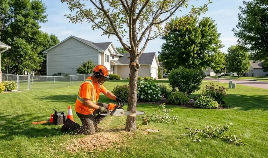 Arborist using a chainsaw to remove a small tree in a Sioux Falls yard.