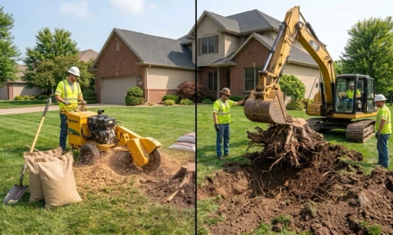 Comparison of a professional stump grinder vs. an excavator used for stump removal.