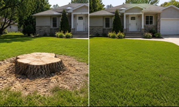 A split-screen comparison showing a tree stump in a lawn and the lawn after removal.