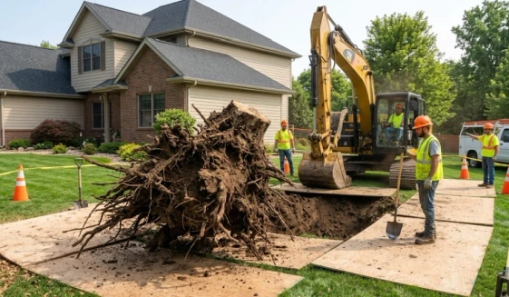 Construction crew using an excavator to fully pull a large tree root system from the ground.