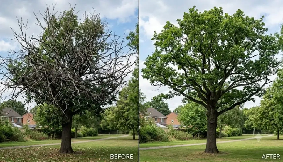 A side-by-side comparison showing a dead tree before and a healthy, lush tree after professional tree trimming vs. tree pruning.