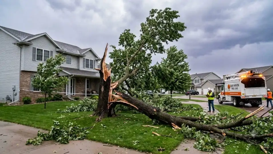 An arborist inspecting storm damage as part of advice on how to choose the best tree service company in Sioux Falls, SD.