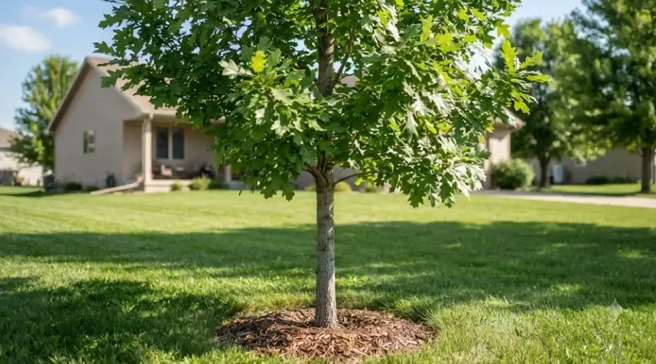 A healthy young ash tree mulched properly in a Sioux Falls residential yard.