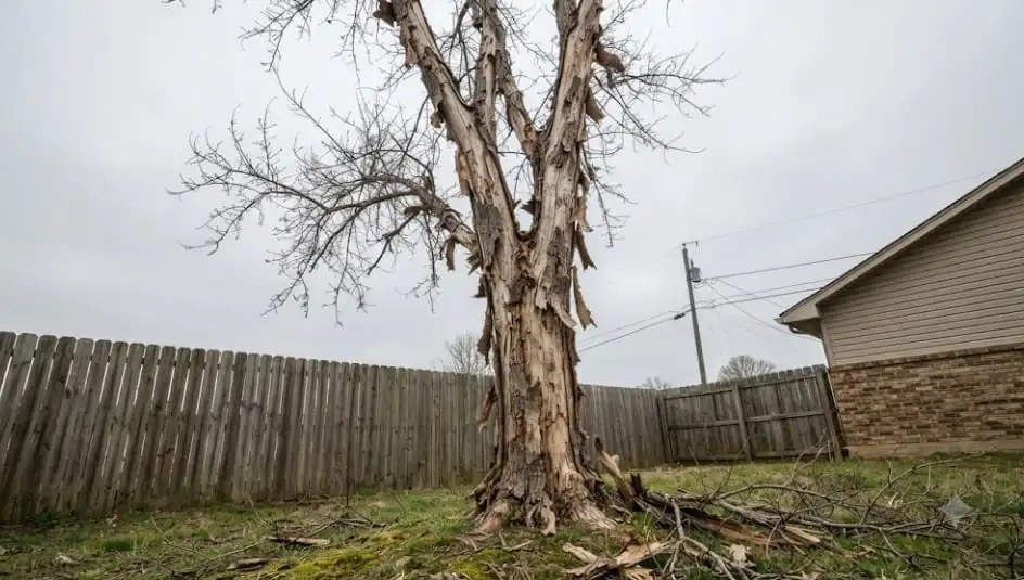 Ash tree in advanced emerald ash borer decline with peeling bark in Crooks, SD