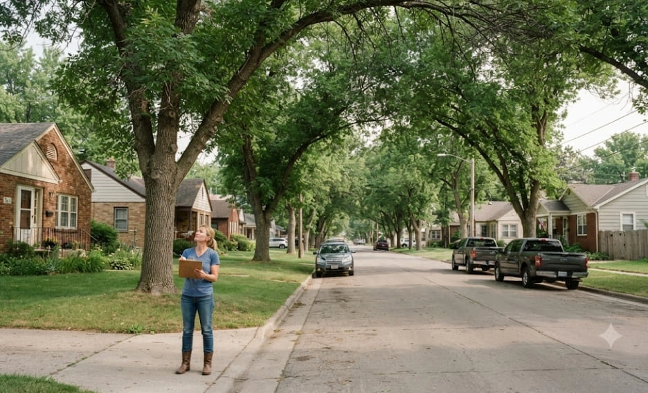 A person with a clipboard looking up at a large ash tree on a residential street, assessing canopy health for EAB.