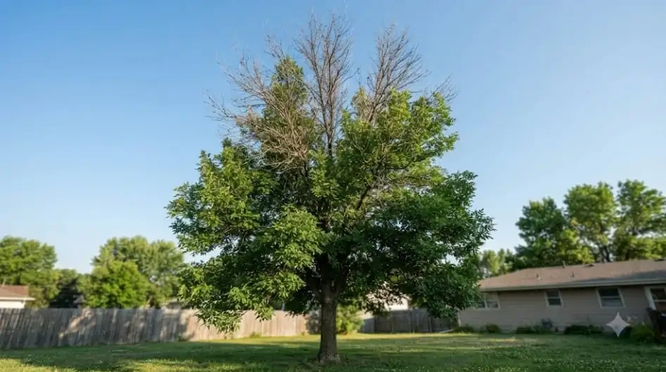 An ash tree in a Sioux Falls yard showing signs of canopy thinning due to emerald ash borer.