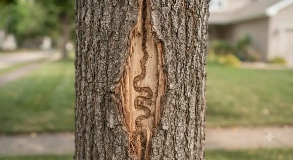 Vertical bark split on an ash tree trunk revealing S-shaped EAB larval galleries.