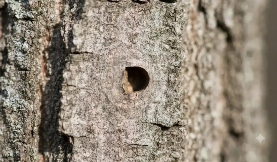 A D-shaped exit hole in ash tree bark, a tell-tale sign of an EAB infestation in Sioux Falls.