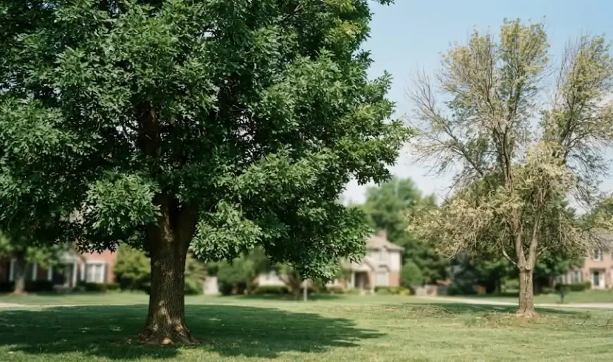 Comparing healthy vs infested ash tree showing EAB damage
