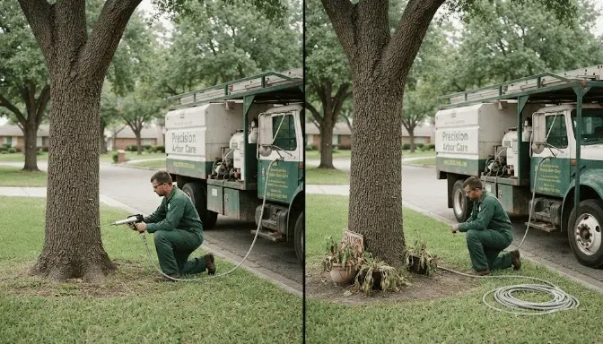 Professional arborist performing trunk injections on an ash tree.
