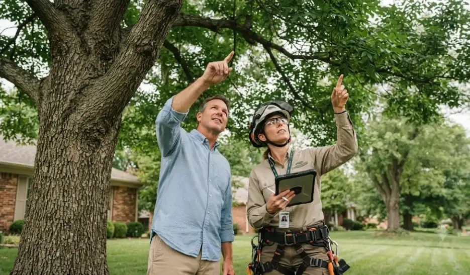 Arborist inspecting a mature ash tree with a homeowner in Lennox, SD