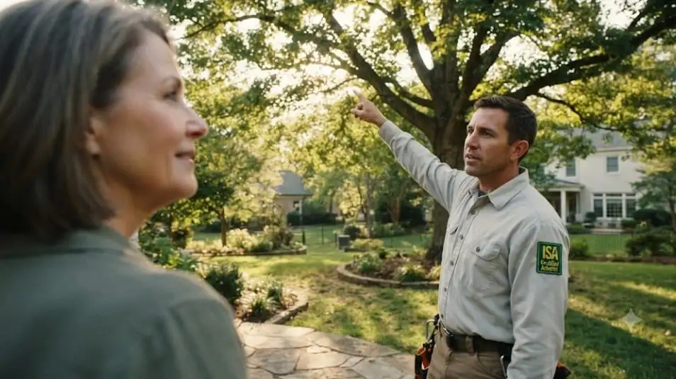 ISA Certified Arborist providing a consultation to a homeowner in South Dakota about proper tree care.