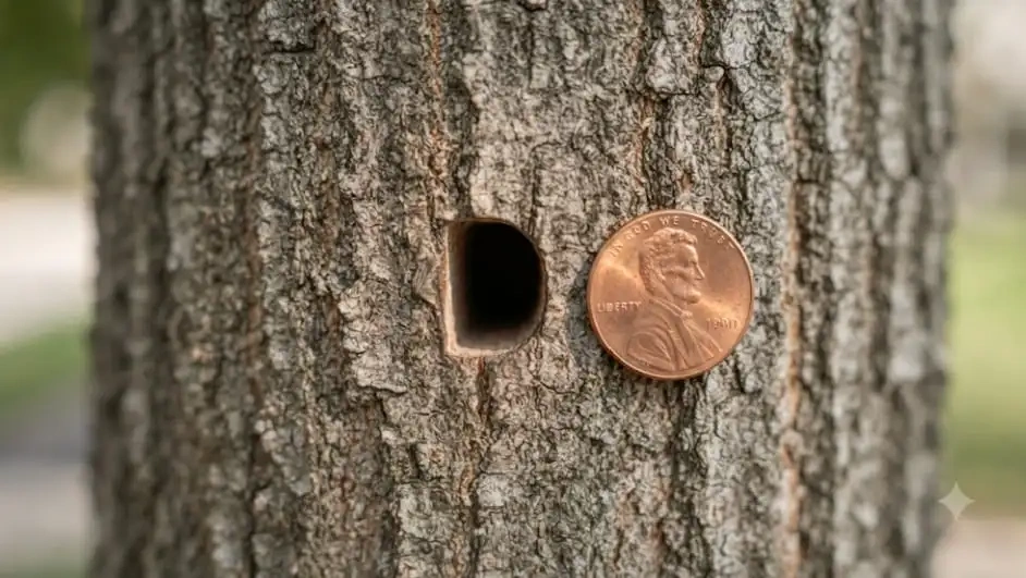 D-shaped emerald ash borer exit hole in ash bark on a Tea, SD property